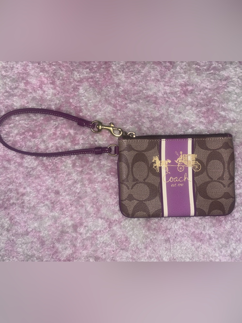 Coach Brown Signature Canvas Wristlet with Purple Stripe